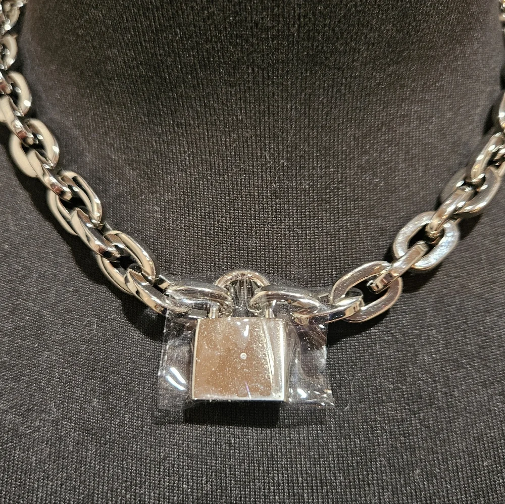 Michael Kors Square Chain Link Padlock Necklace Silver Plate Stainless Steel NWT - Picture 3 of 16